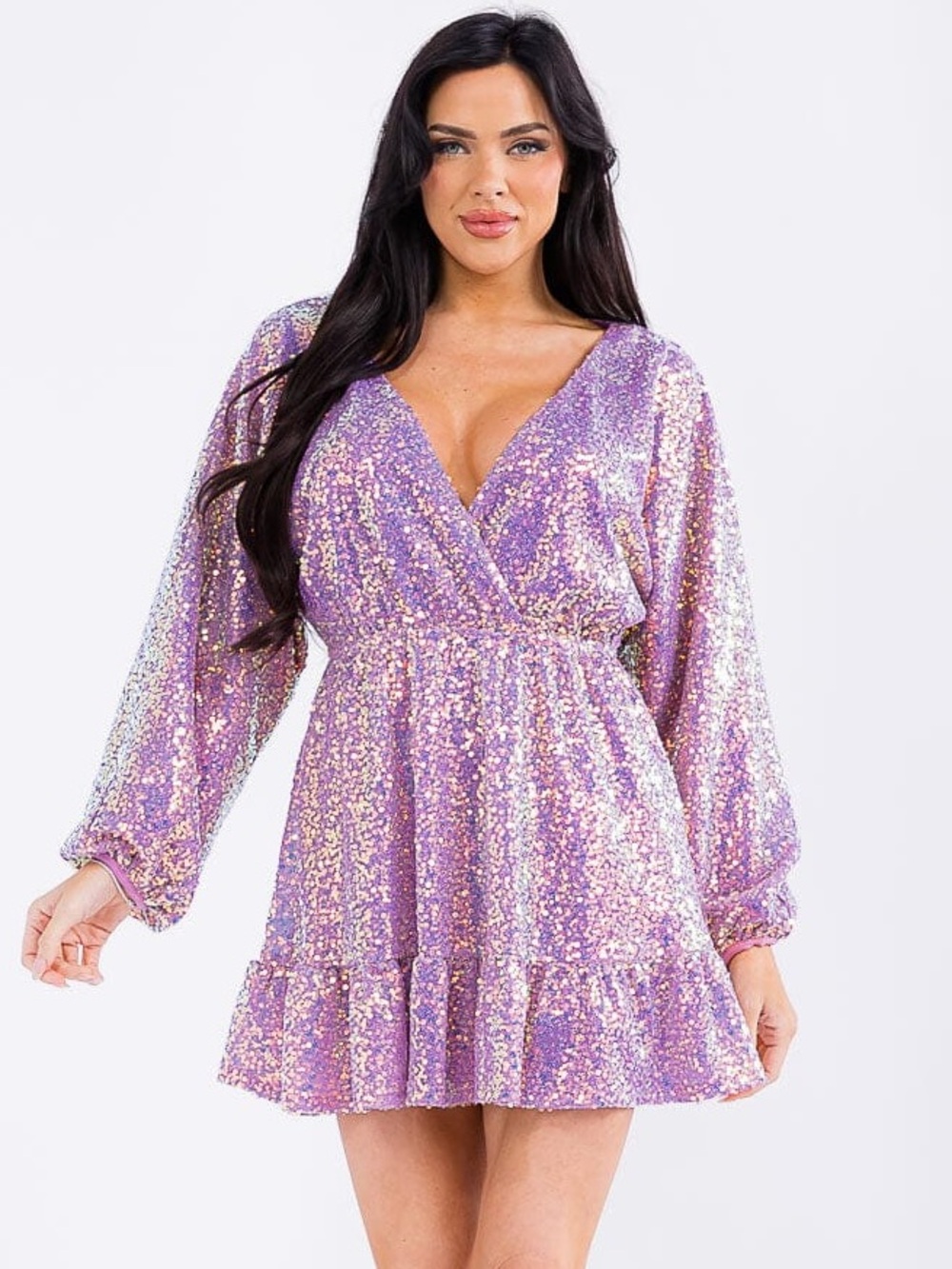 Strut & Bolt | Estella Long Sleeve Surplice Sequin Mini Dress Lilac Purple New